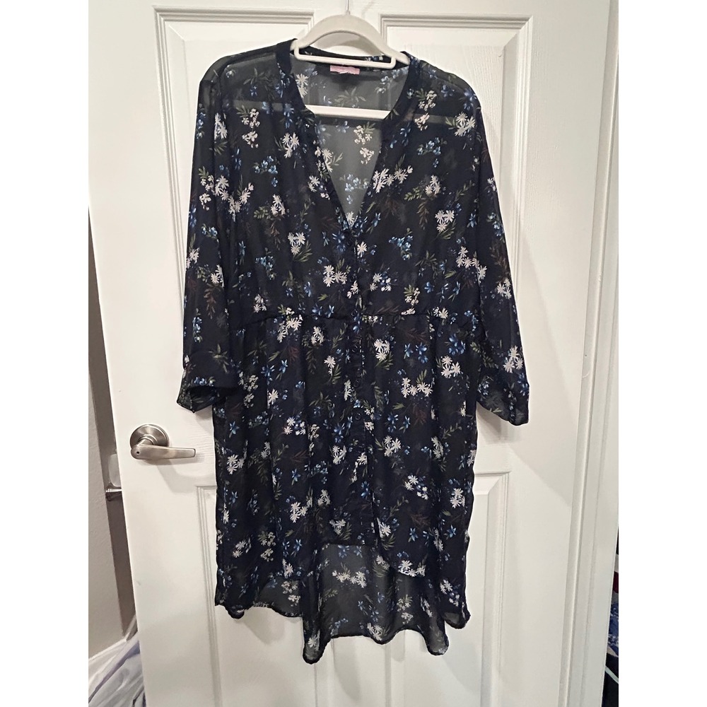 Mauve Women's Navy Floral Sheer V-Neck Blouse Tunic Top Whimsygoth Romantic 2X